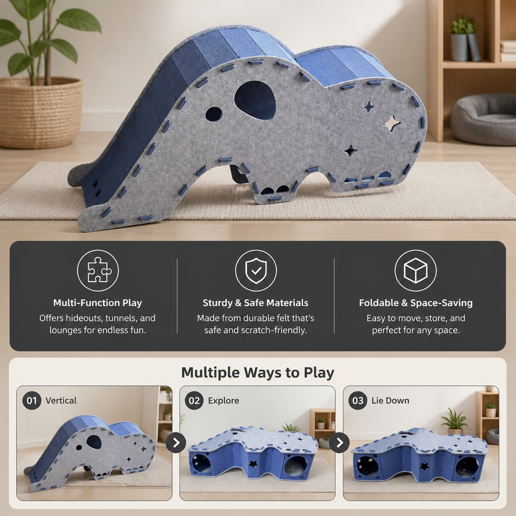 Elephant-Shaped Felt Cat Play Tunnel & Cozy Bed – Foldable and Connectable Design
