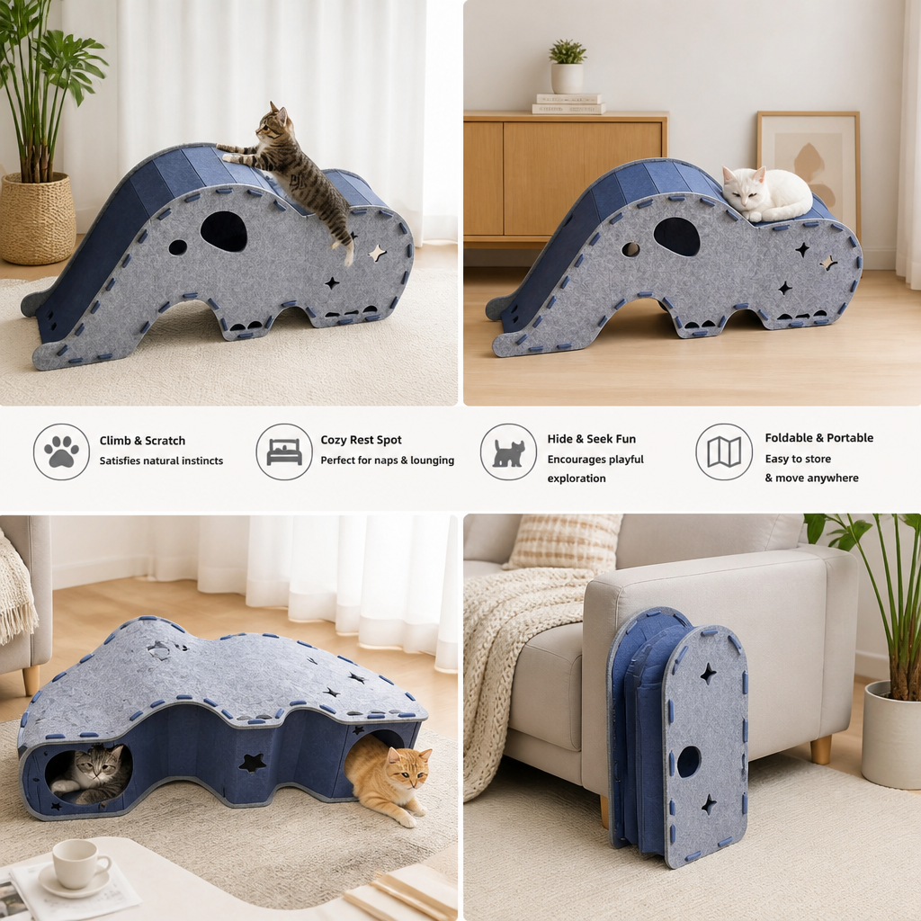Elephant-Shaped Felt Cat Play Tunnel & Cozy Bed – Foldable and Connectable Design
