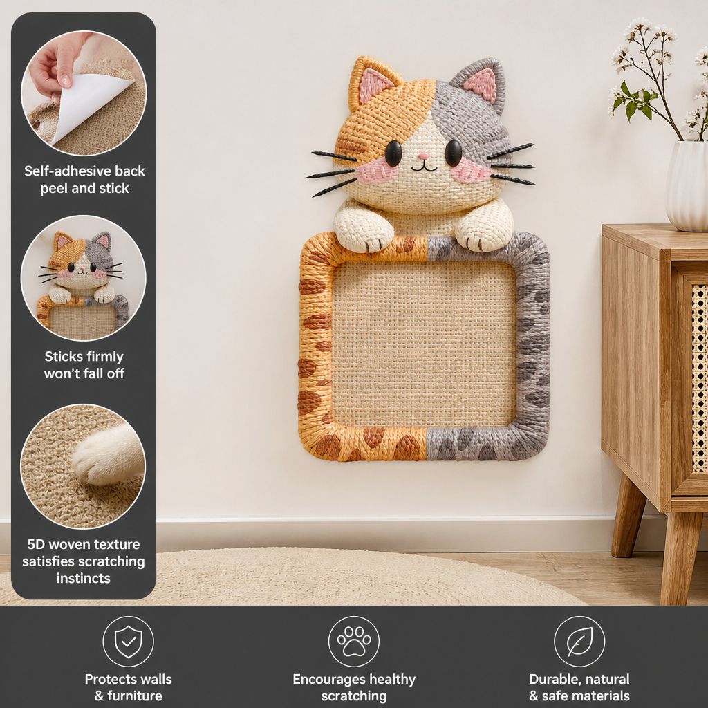 2in1 Woven Self-Adhesive Cat Scratching Mat & Furniture Protector with Interactive Toy