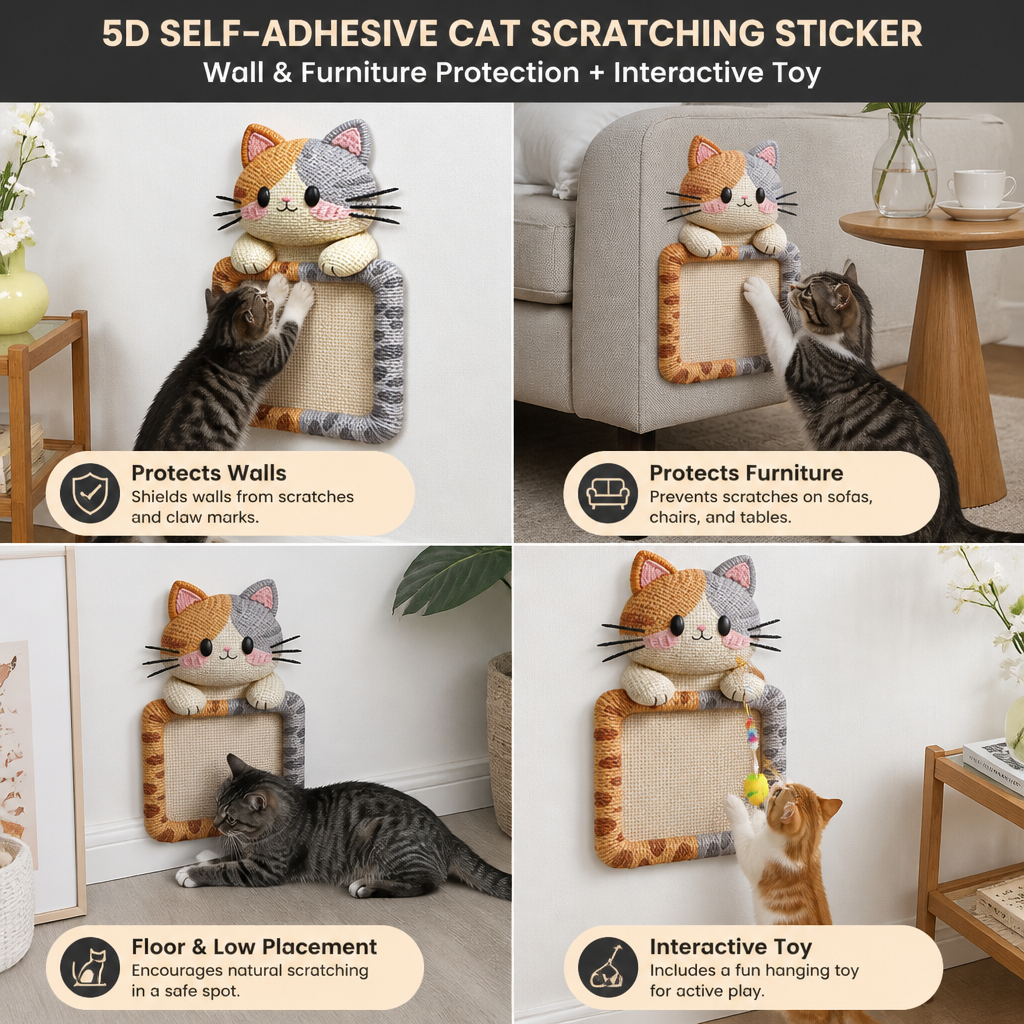 2in1 Woven Self-Adhesive Cat Scratching Mat & Furniture Protector with Interactive Toy