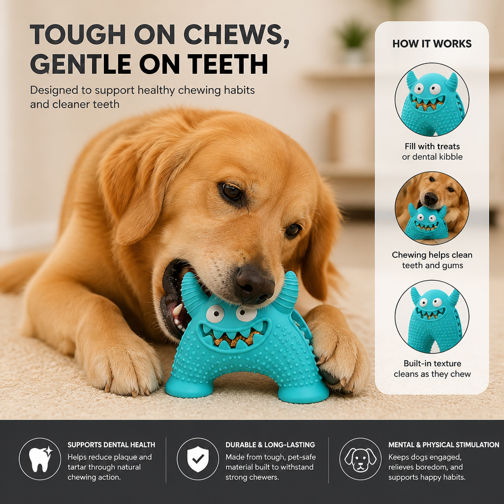 Durable Dog Dental Chew Toy – Tooth Cleaning Monster in Dog Colors