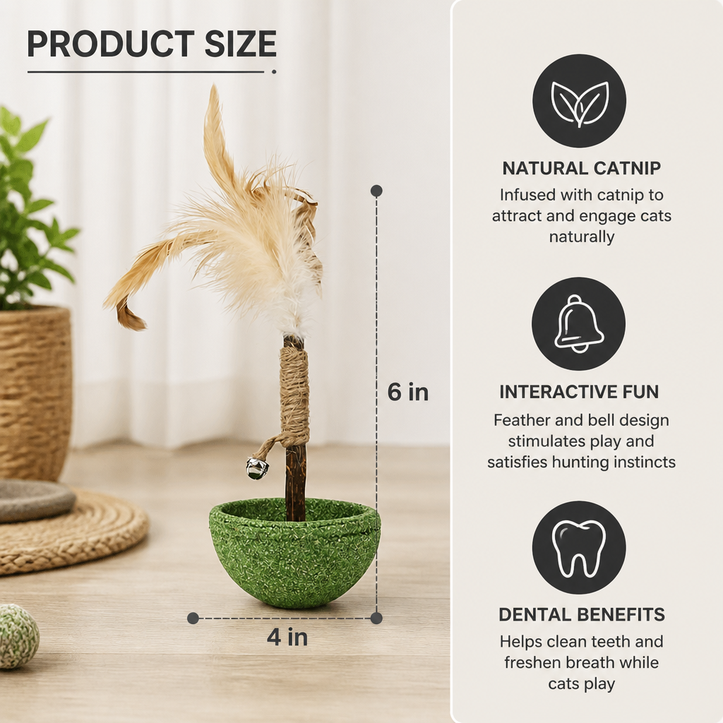 Teeth Cleaning Catnip Tumbler Cat Toy – Interactive Feather Teaser with Bell