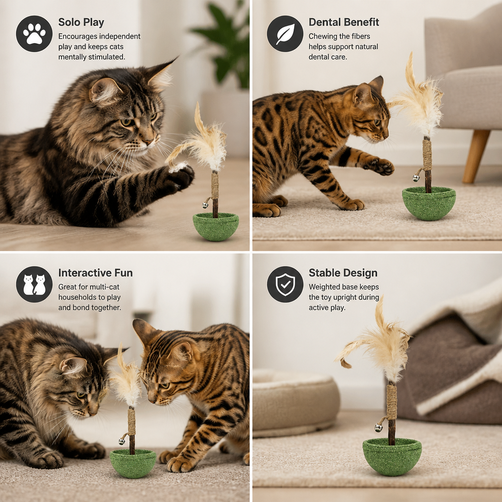 Teeth Cleaning Catnip Tumbler Cat Toy – Interactive Feather Teaser with Bell