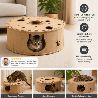 4-in-1 Foldable Cat Tunnel House – Interactive Hideaway, Scratcher & Play Bed