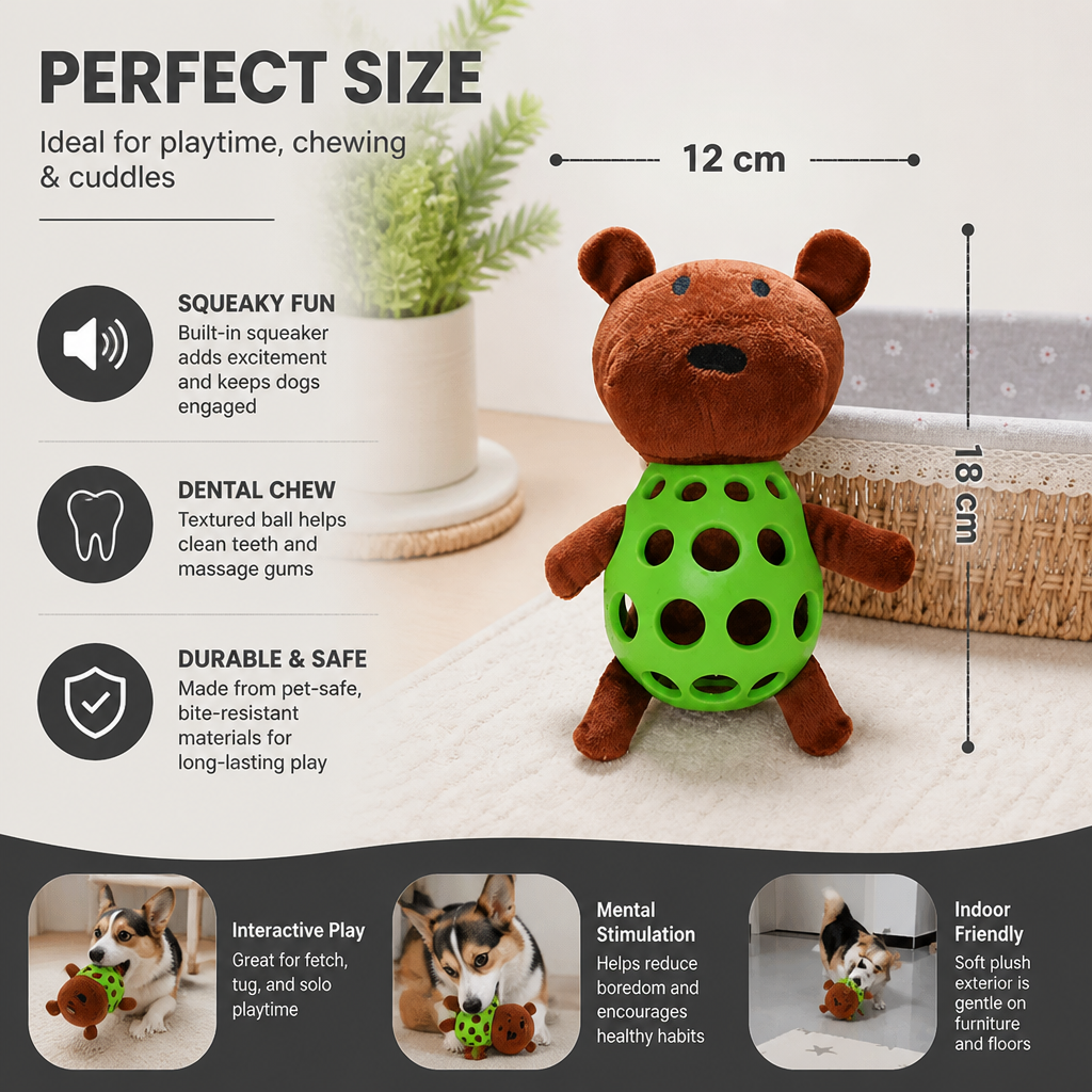 2-in-1 Bear Dog Toy – Squeaky Plush & Dental Chew Ball