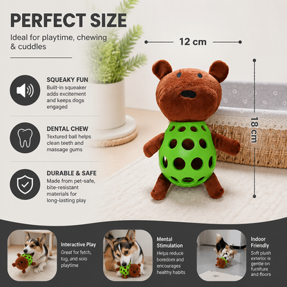 2-in-1 Bear Dog Toy – Squeaky Plush & Dental Chew Ball