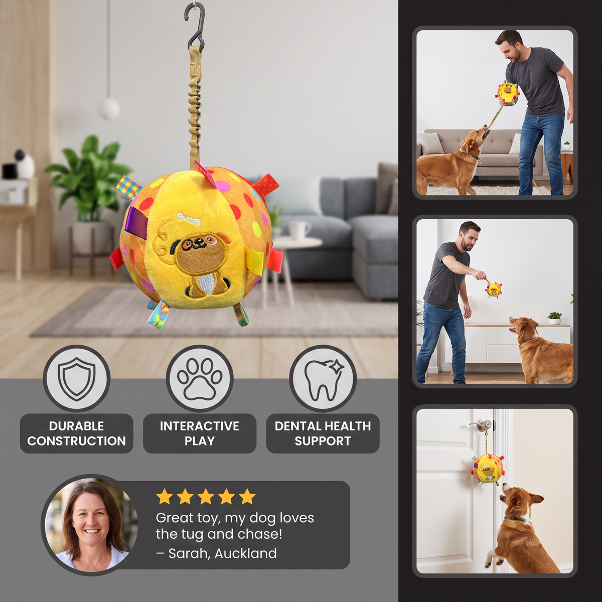 Interactive Hanging Dog Ball Toy with Elastic Play Rope & Hook