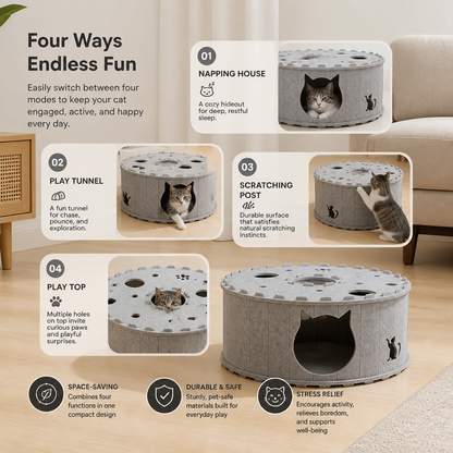 4-in-1 Foldable Cat Tunnel House – Interactive Hideaway, Scratcher & Play Bed