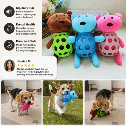 2-in-1 Bear Dog Toy – Squeaky Plush & Dental Chew Ball