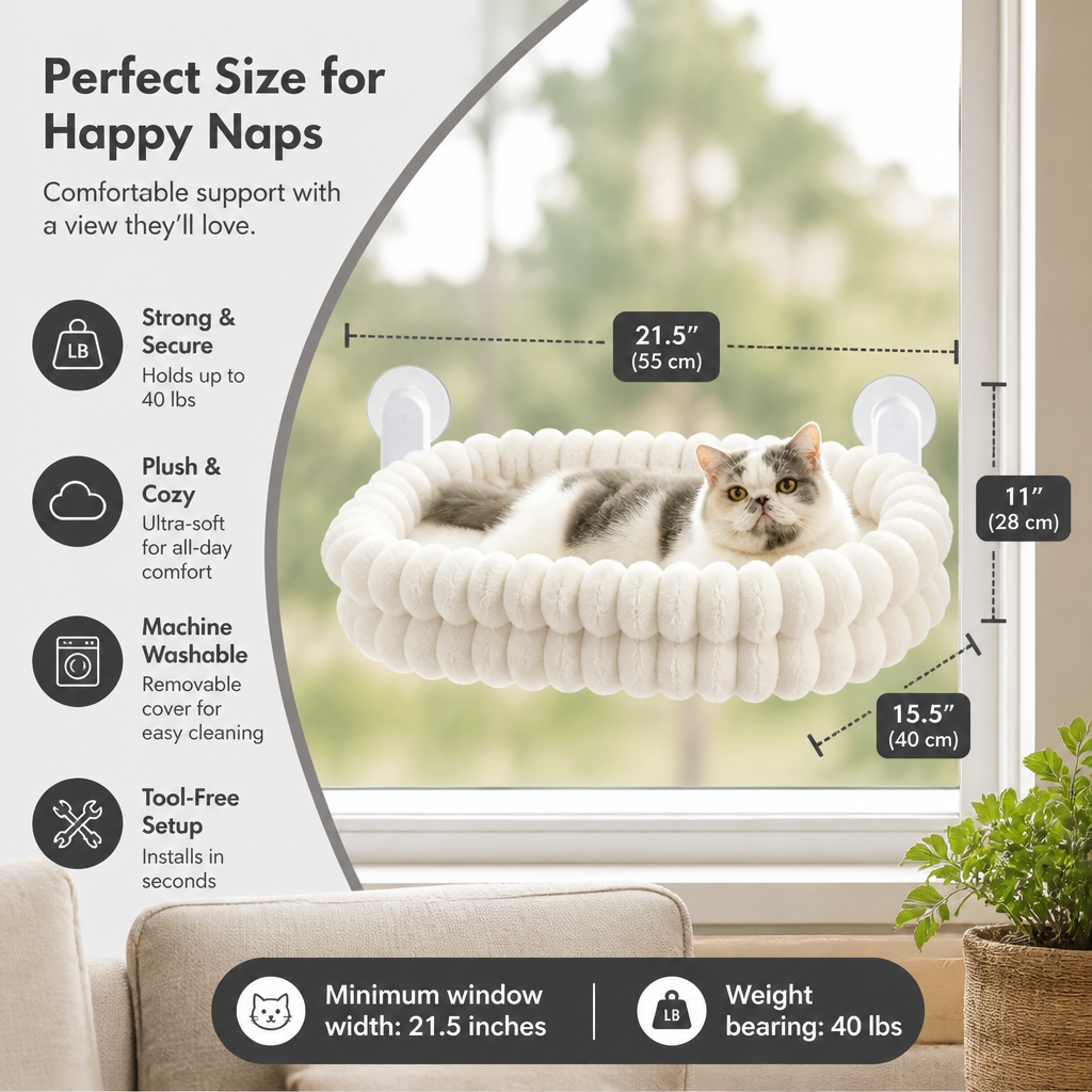 Fluffy Cordless Folding Cat Window Hammock with Strong Suction Cups & Washable Cover