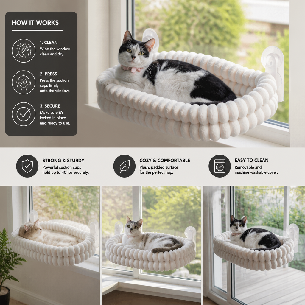 Fluffy Cordless Folding Cat Window Hammock with Strong Suction Cups & Washable Cover