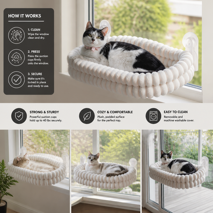Fluffy Cordless Folding Cat Window Hammock with Strong Suction Cups & Washable Cover