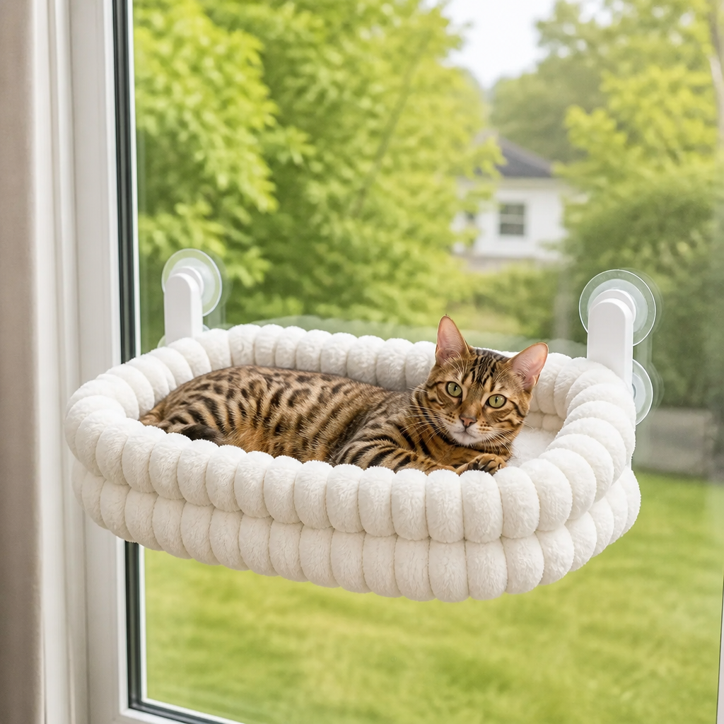 Fluffy Cordless Folding Cat Window Hammock with Strong Suction Cups & Washable Cover