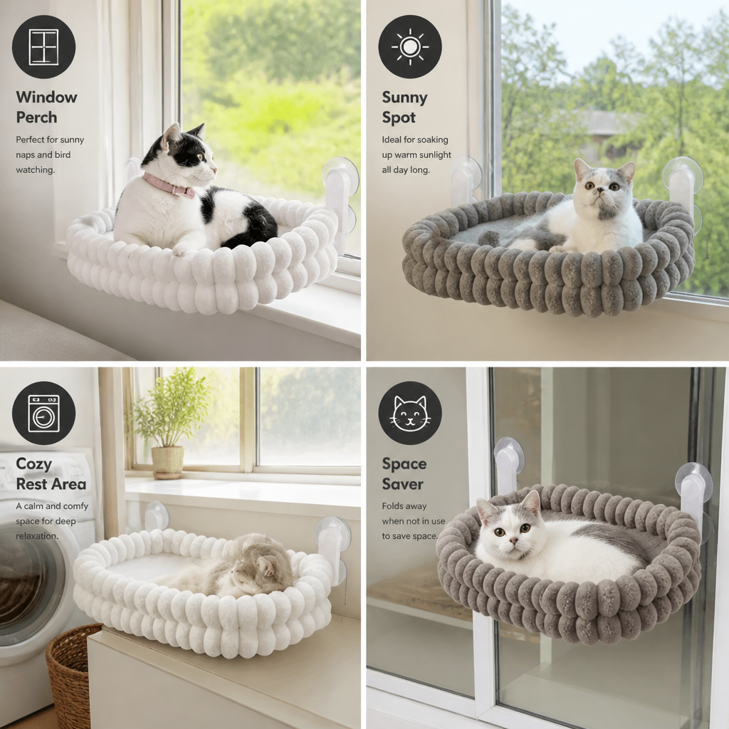 Fluffy Cordless Folding Cat Window Hammock with Strong Suction Cups & Washable Cover