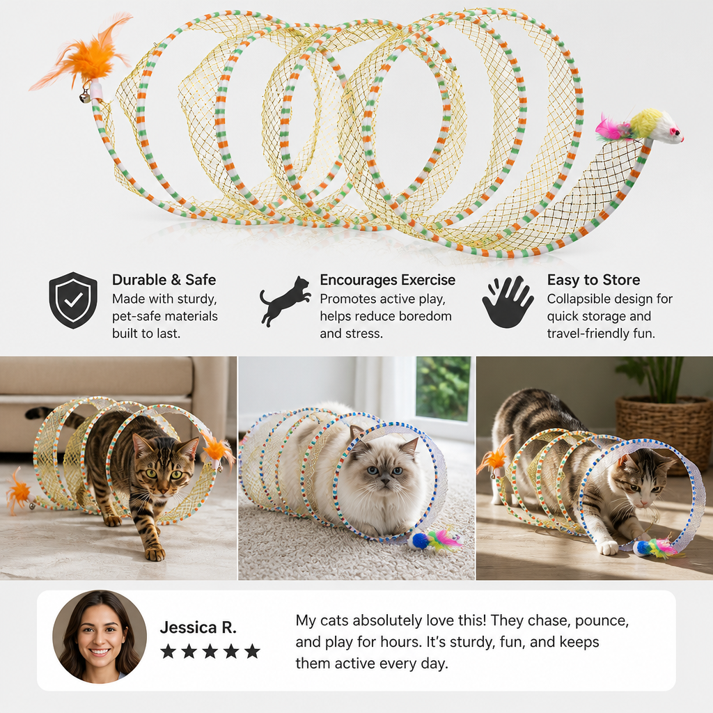 Collapsible Spiral Cat Play Tunnel with Feather Bells