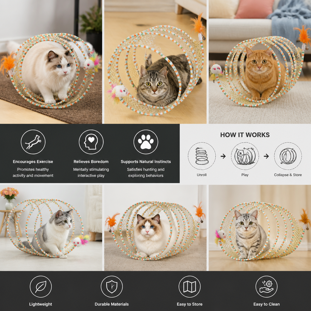 Collapsible Spiral Cat Play Tunnel with Feather Bells
