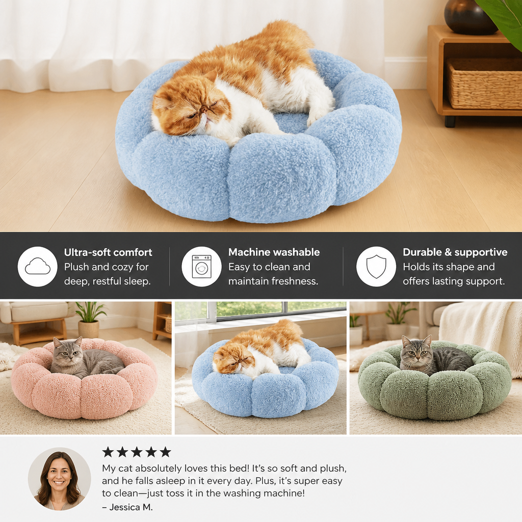Luxury Floral Fluffy Donut Cat Bed – Soft & Washable Round Cushion