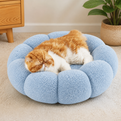 Luxury Floral Fluffy Donut Cat Bed – Soft & Washable Round Cushion