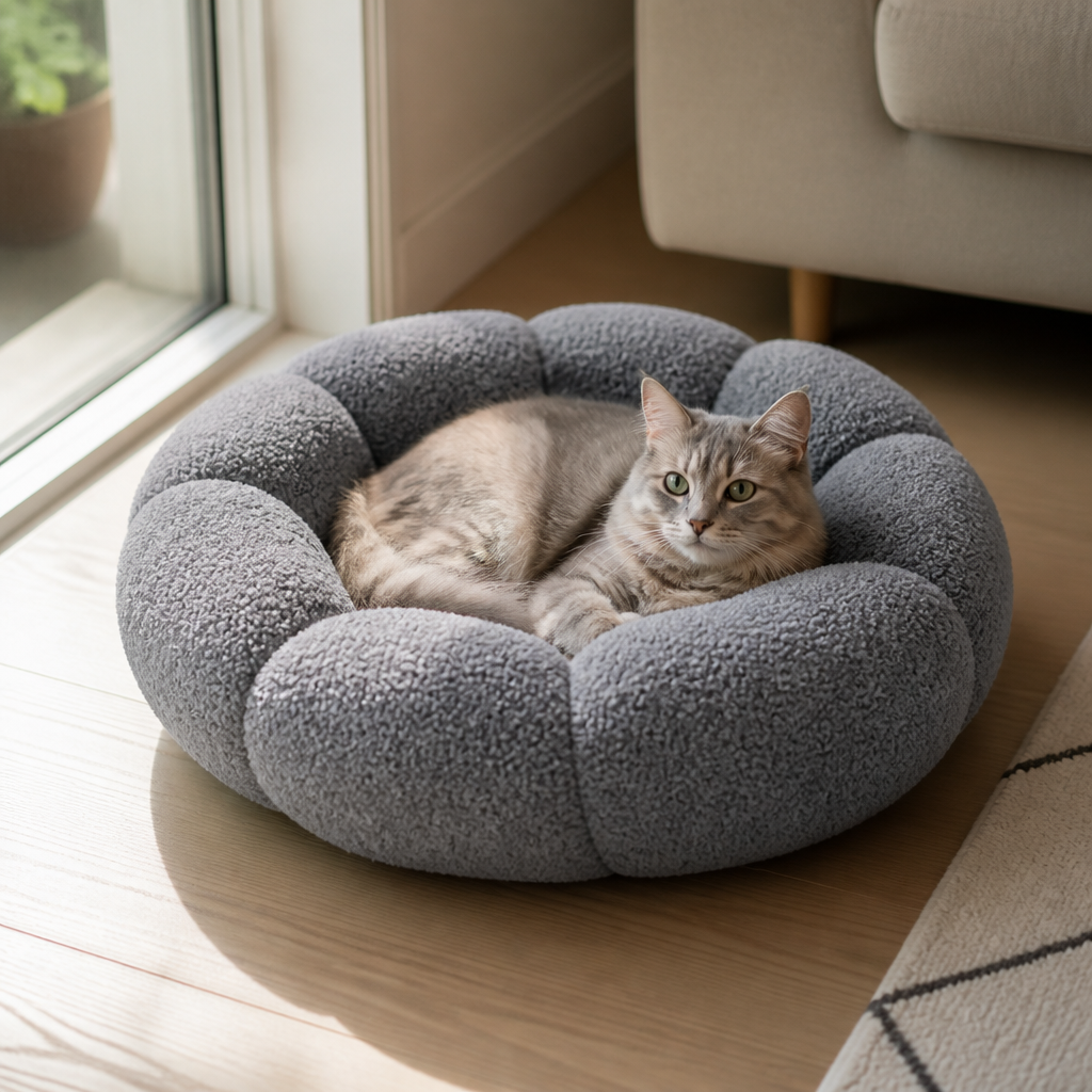 Luxury Floral Fluffy Donut Cat Bed – Soft & Washable Round Cushion