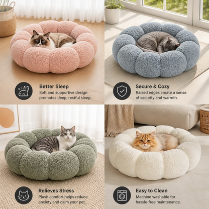 Luxury Floral Fluffy Donut Cat Bed – Soft & Washable Round Cushion