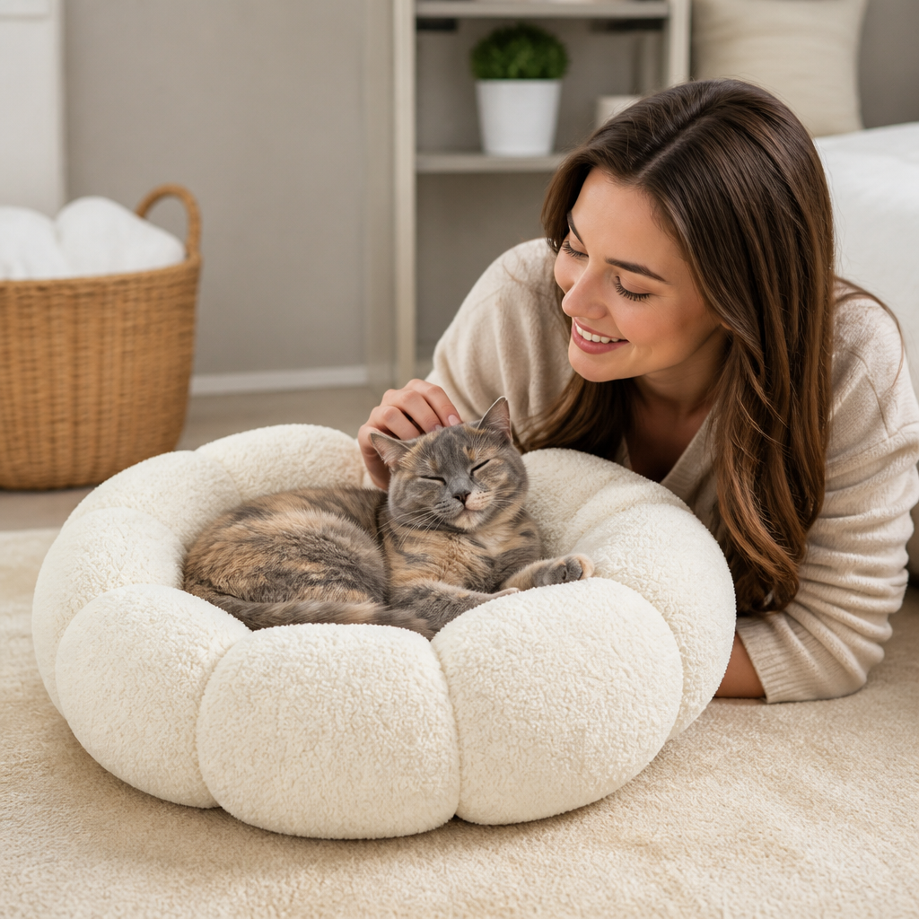 Luxury Floral Fluffy Donut Cat Bed – Soft & Washable Round Cushion