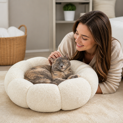 Luxury Floral Fluffy Donut Cat Bed – Soft & Washable Round Cushion