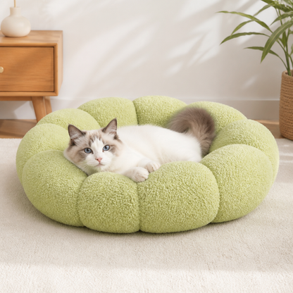 Luxury Floral Fluffy Donut Cat Bed – Soft & Washable Round Cushion