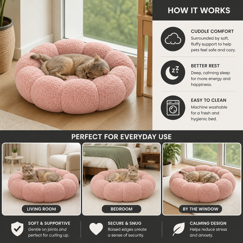 Luxury Floral Fluffy Donut Cat Bed – Soft & Washable Round Cushion