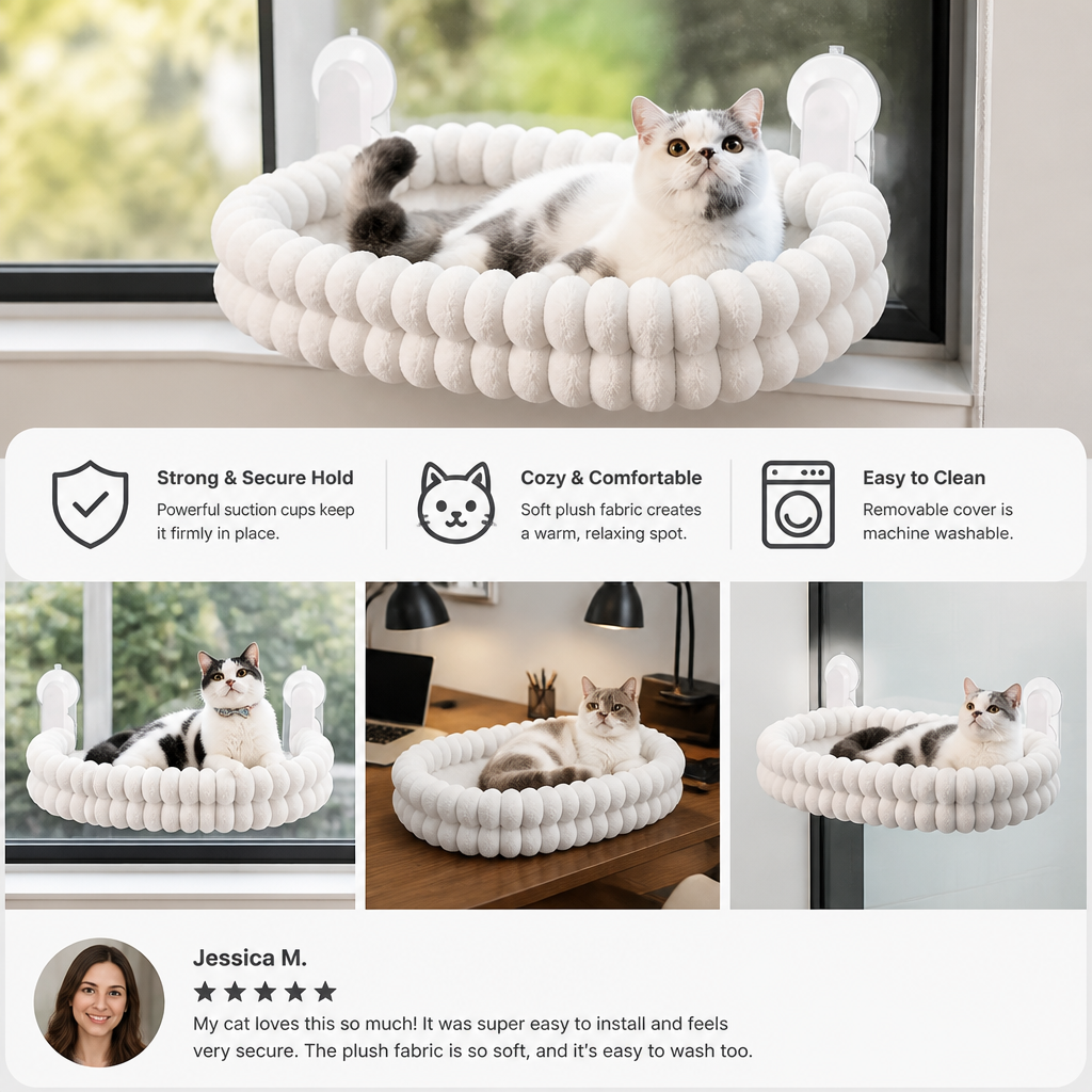 Fluffy Cordless Folding Cat Window Hammock with Strong Suction Cups & Washable Cover