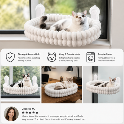 Fluffy Cordless Folding Cat Window Hammock with Strong Suction Cups & Washable Cover