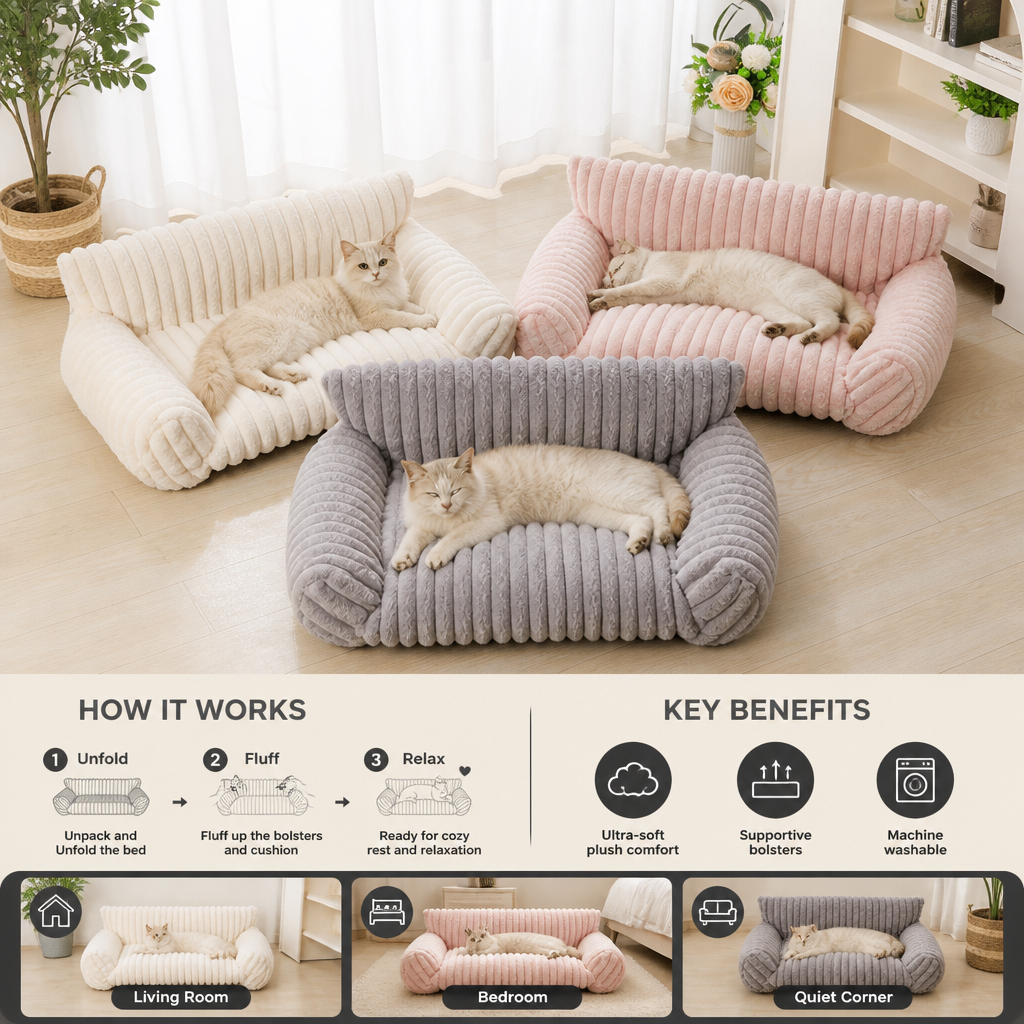 Fluffy Cloud Cat Sofa Bed with Soft Bolsters & Washable Covers