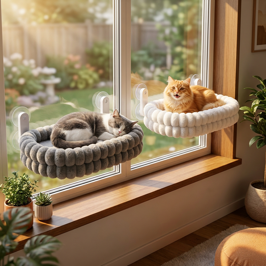 Fluffy Cordless Folding Cat Window Hammock with Strong Suction Cups & Washable Cover