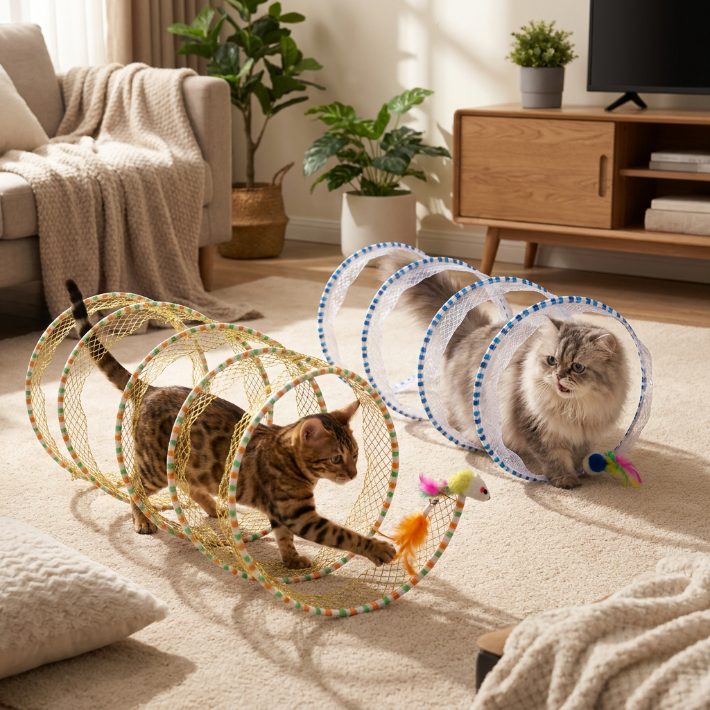 Collapsible Spiral Cat Play Tunnel with Feather Bells