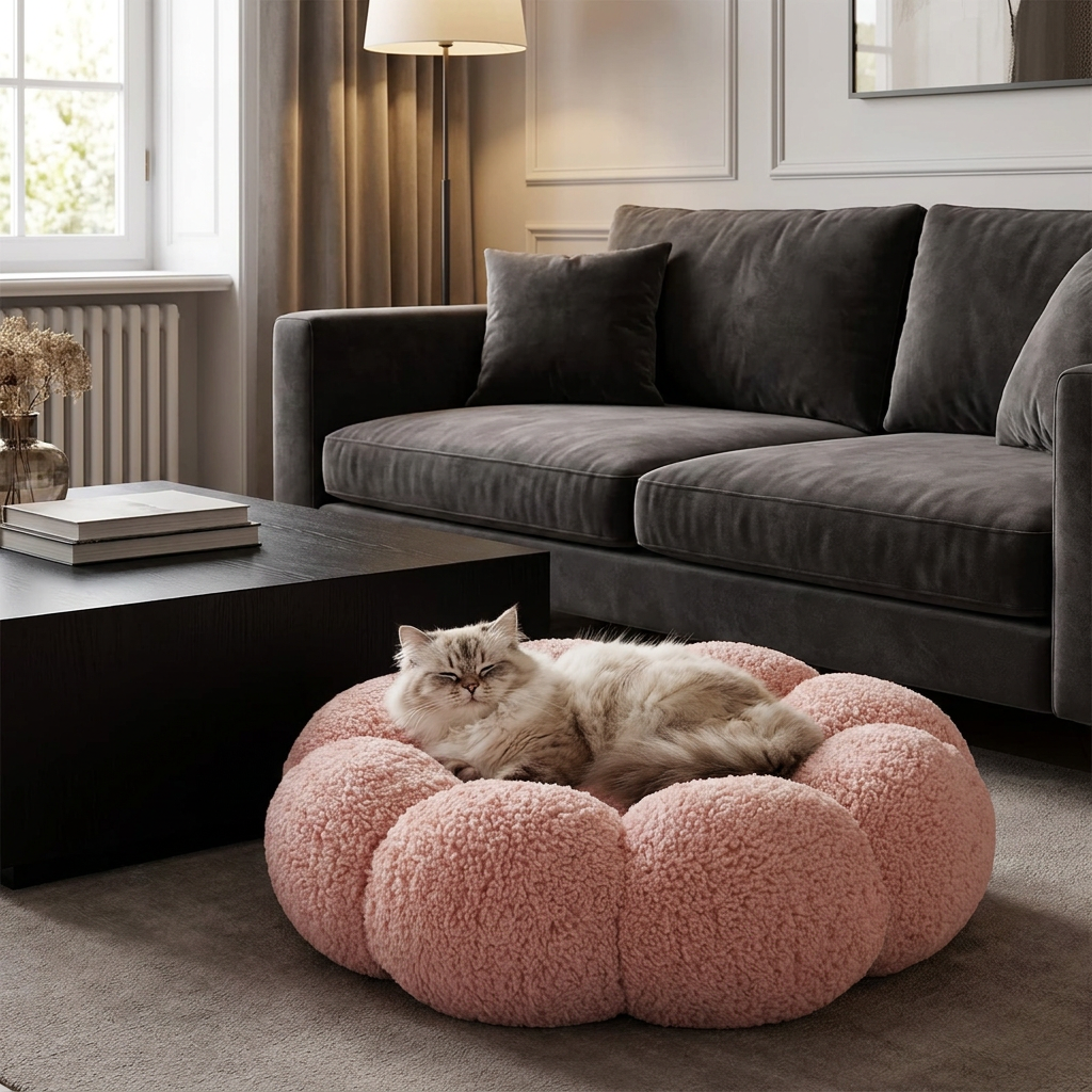 Luxury Floral Fluffy Donut Cat Bed – Soft & Washable Round Cushion