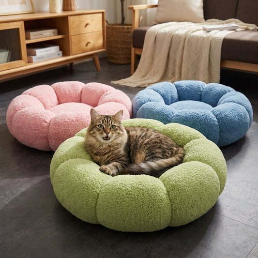 Luxury Floral Fluffy Donut Cat Bed – Soft & Washable Round Cushion