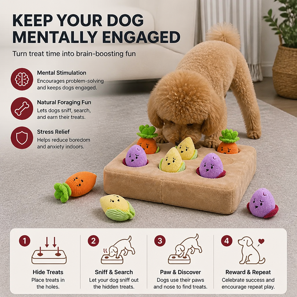 Interactive Vegetable Garden Treat Toy – Hide & Seek Snuffle Puzzle with Squeaky Veggies