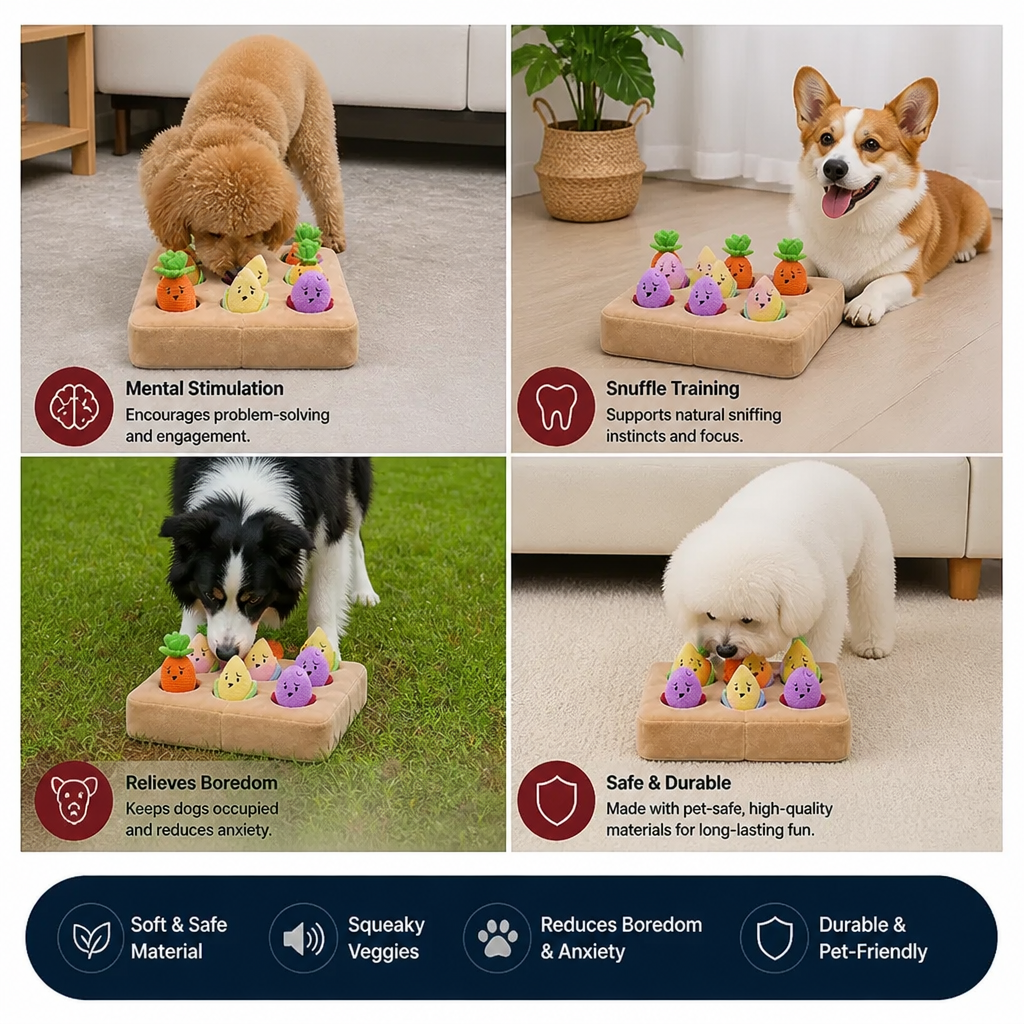 Interactive Vegetable Garden Treat Toy – Hide & Seek Snuffle Puzzle with Squeaky Veggies