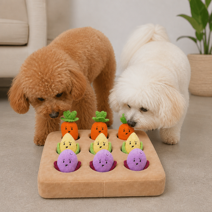 Interactive Vegetable Garden Treat Toy – Hide & Seek Snuffle Puzzle with Squeaky Veggies