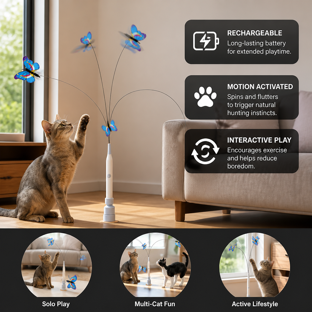 Interactive Spinning Butterfly Cat Toy – Rechargeable Motion Teaser Wand
