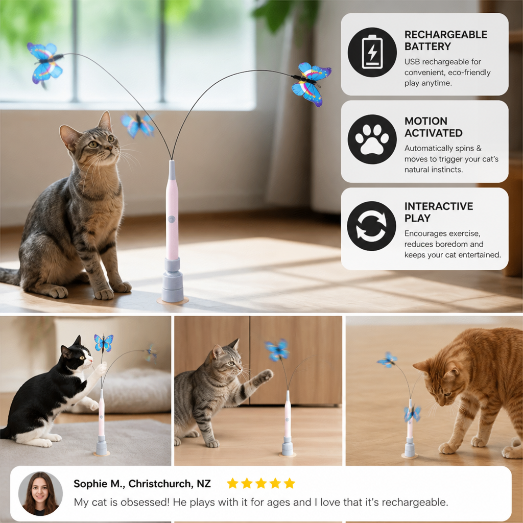 Interactive Spinning Butterfly Cat Toy – Rechargeable Motion Teaser Wand