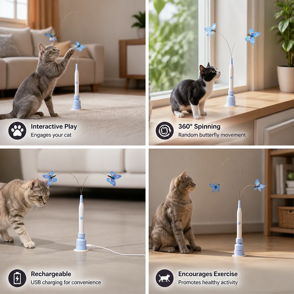 Interactive Spinning Butterfly Cat Toy – Rechargeable Motion Teaser Wand