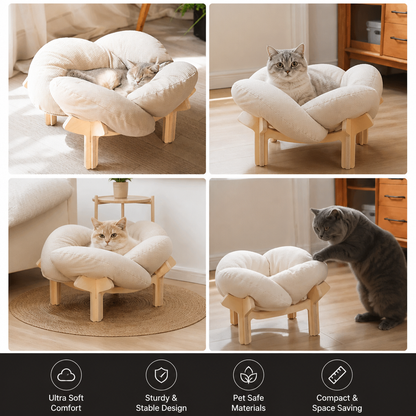 Luxury Elevated Wooden Flower Pet Bed with Plush Cushion