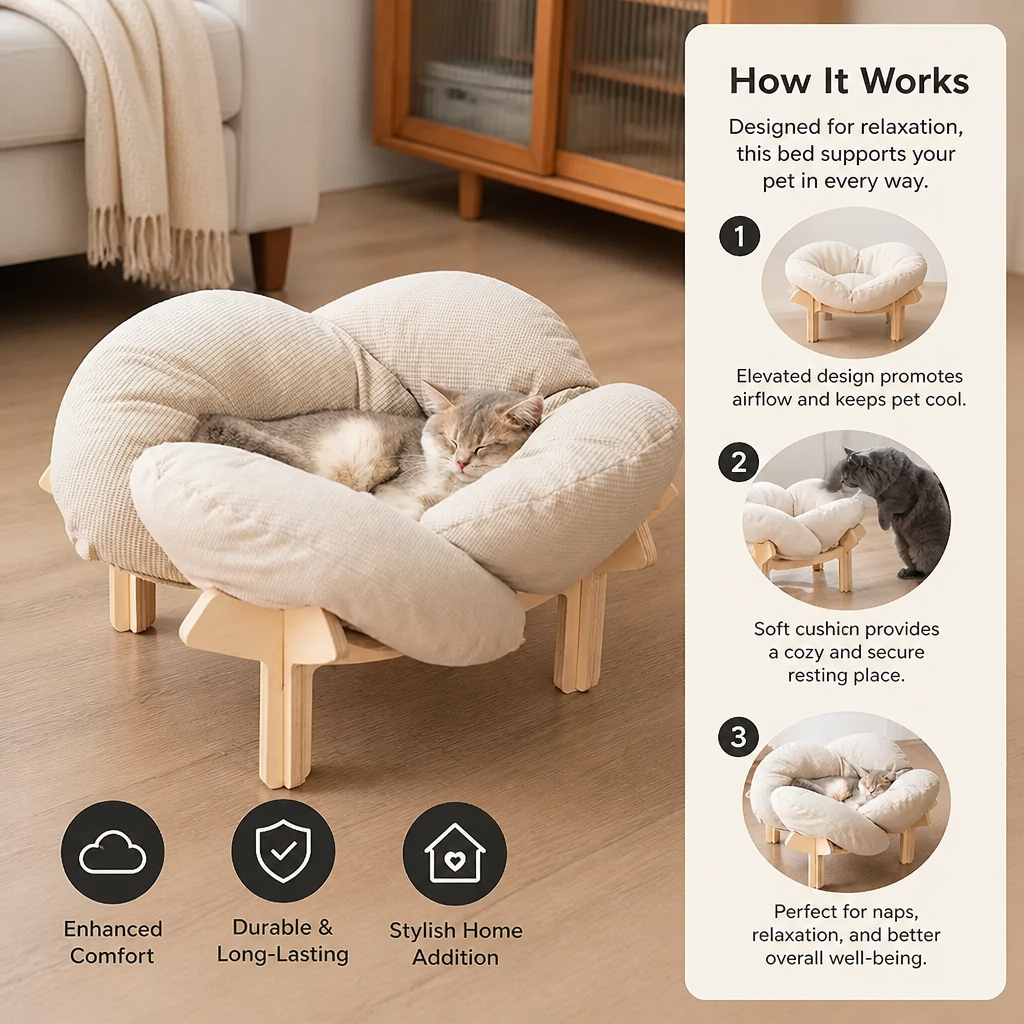 Luxury Elevated Wooden Flower Pet Bed with Plush Cushion