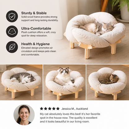 Luxury Elevated Wooden Flower Pet Bed with Plush Cushion