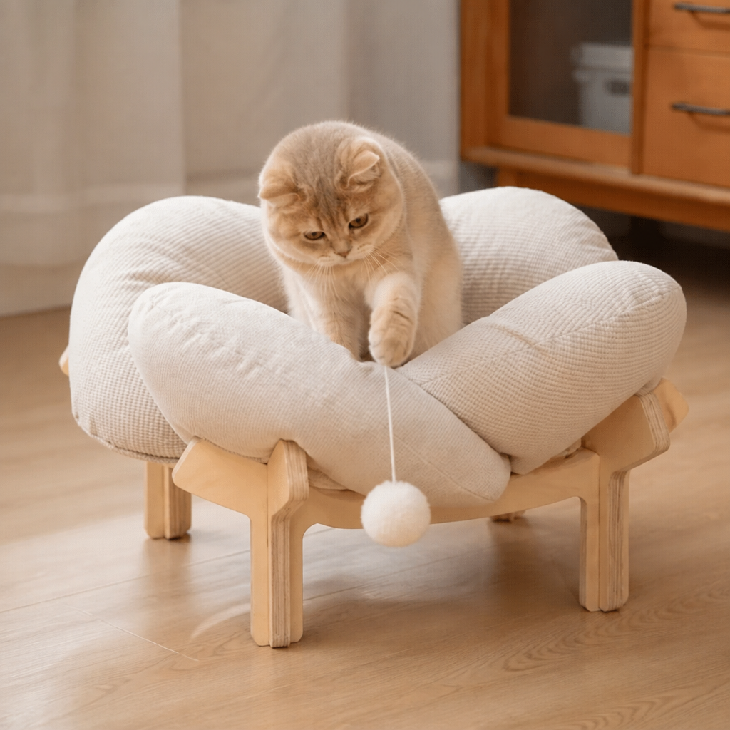 Luxury Elevated Wooden Flower Pet Bed with Plush Cushion
