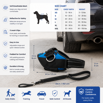 Reflective Adjustable Dog Harness with 3 Leash Clips – Padded for Walking & Training