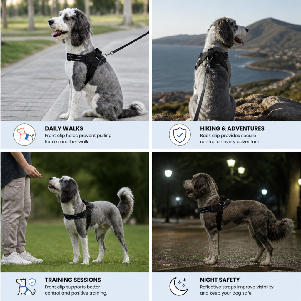Reflective Adjustable Dog Harness with 3 Leash Clips – Padded for Walking & Training