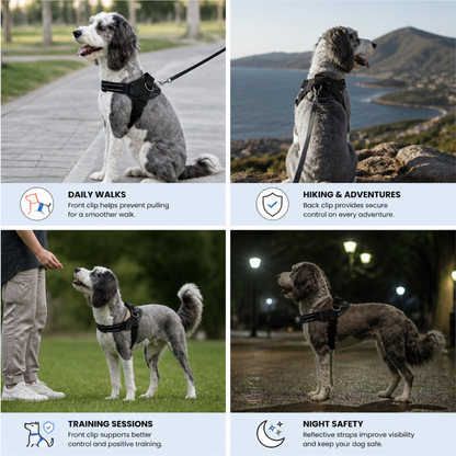 Reflective Adjustable Dog Harness with 3 Leash Clips – Padded for Walking & Training