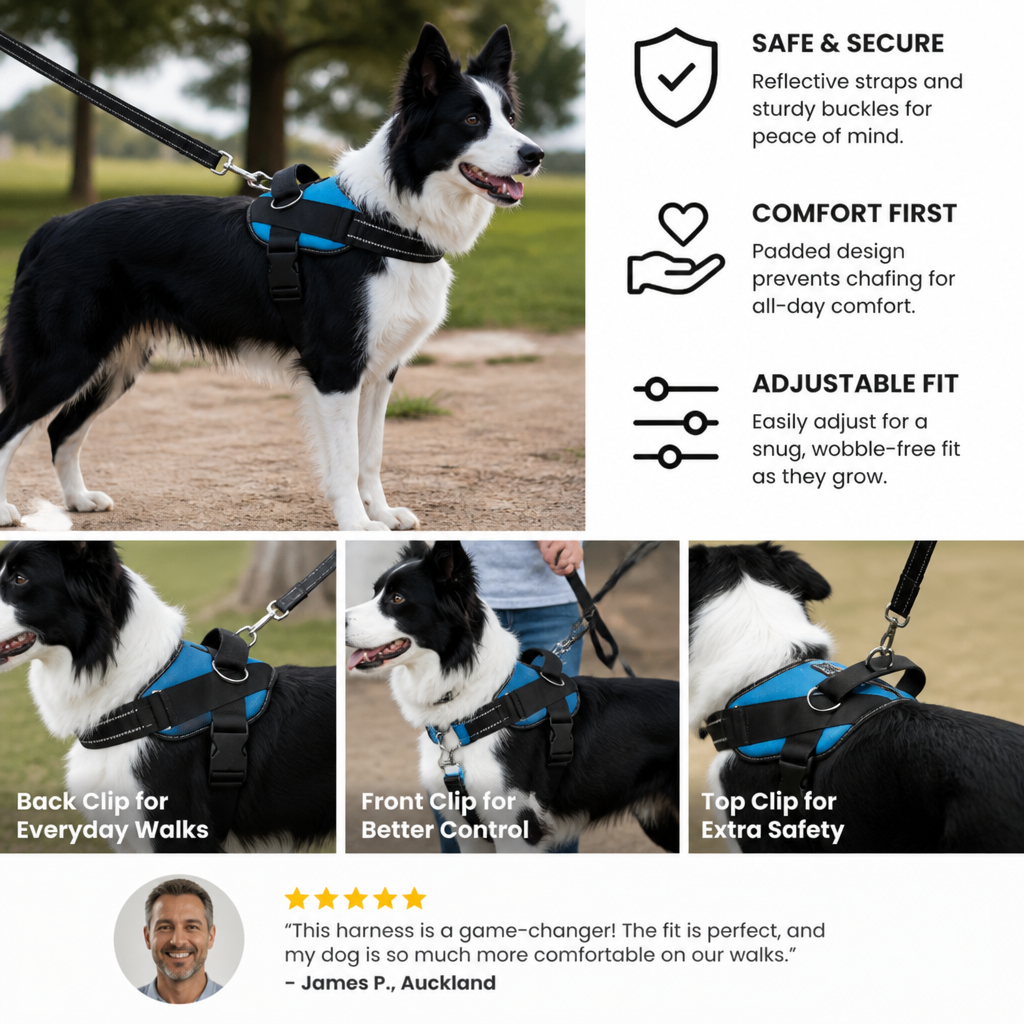 Reflective Adjustable Dog Harness with 3 Leash Clips – Padded for Walking & Training