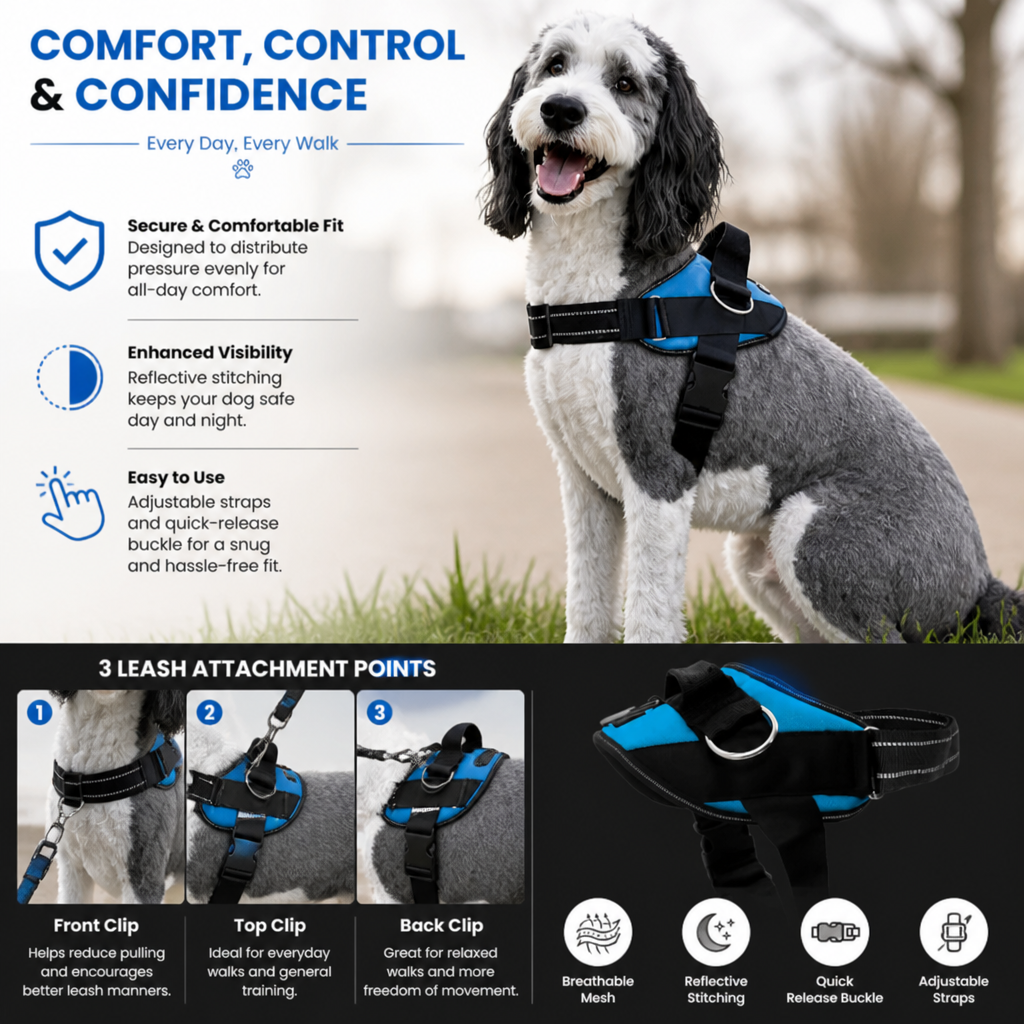 Reflective Adjustable Dog Harness with 3 Leash Clips – Padded for Walking & Training